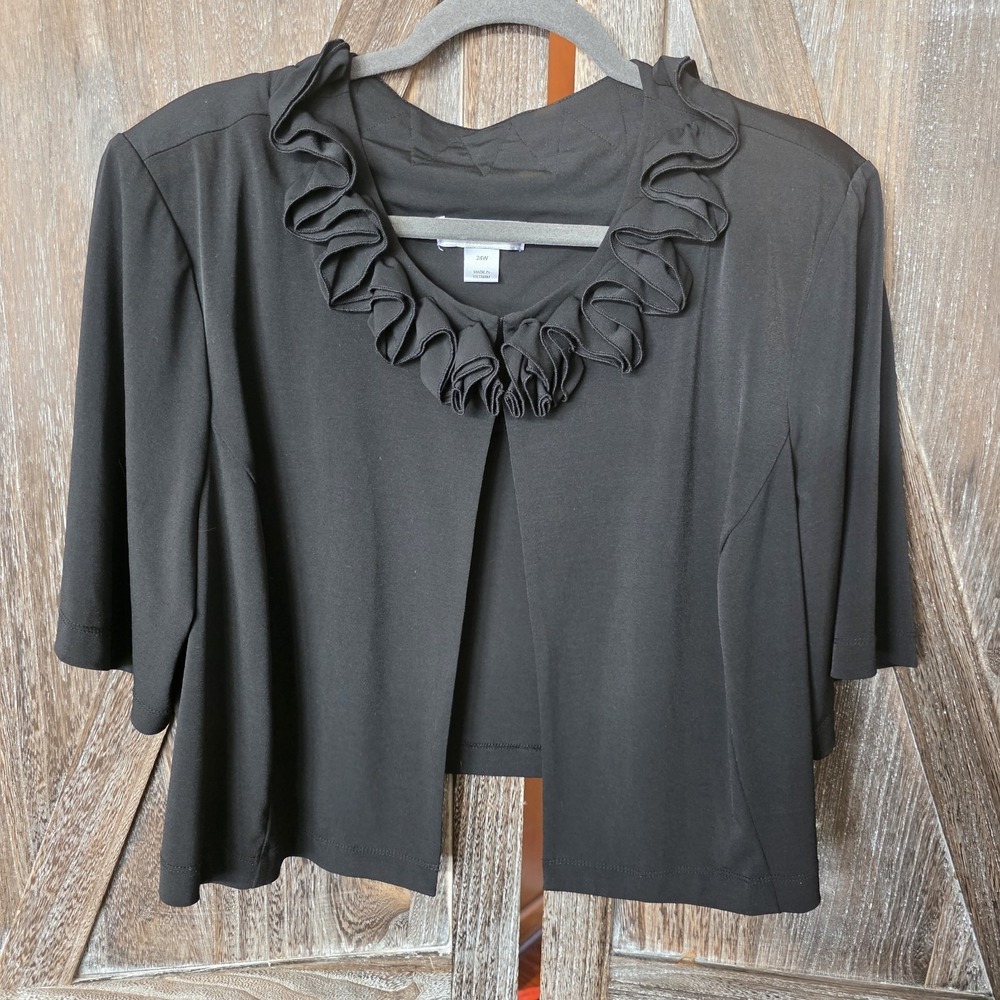 Cj Banks Cardigan Women's Size 24W Back Ruffle Neckline Cropped Short Sleeve